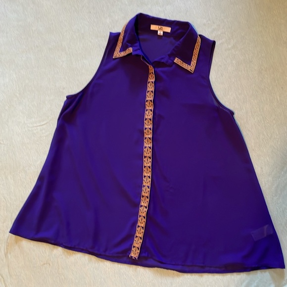YA Los Angeles sz L indigo purple-blue sleeveless top gold embroidered 60% silk - Picture 5 of 13